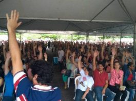 centenas de pessoas sentadas em assembleia com o braço estendido para o alto; em primeiro plano, um homem de costas segurando um microfone com a mão para o alto