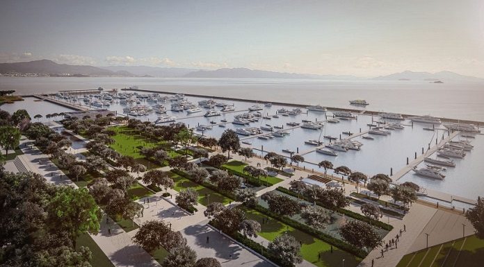 imagem de computador mostra a baía norte com a marina implantada, com barcos ancorados e parque