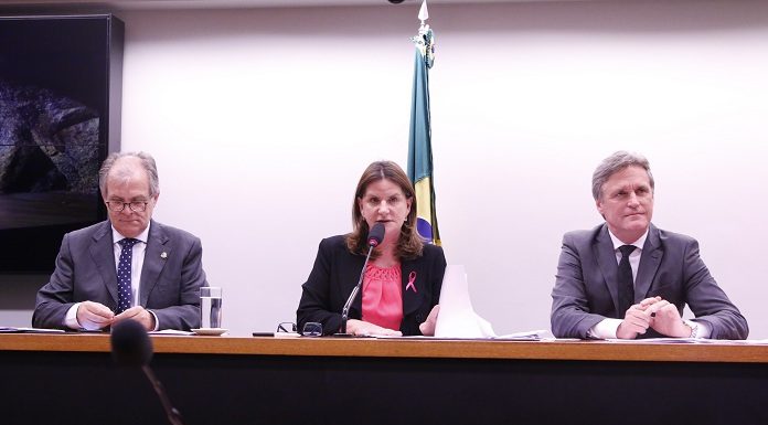 carmem fala ao microfone sentada em uma bancada, os estão os senadores de cada lado e uma bandeira do brasil ao fundo