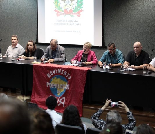 diversas pessoas em uma bancada à frente de um auditório; há uma bandeira do movimento de população de rua sobre a bancada; deputada carminatti ao centro fala no microfone