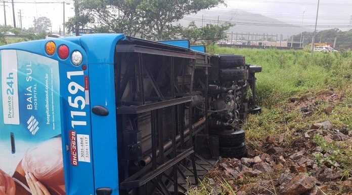 ônibus com número 11591 tombado de lado em terreno com mato