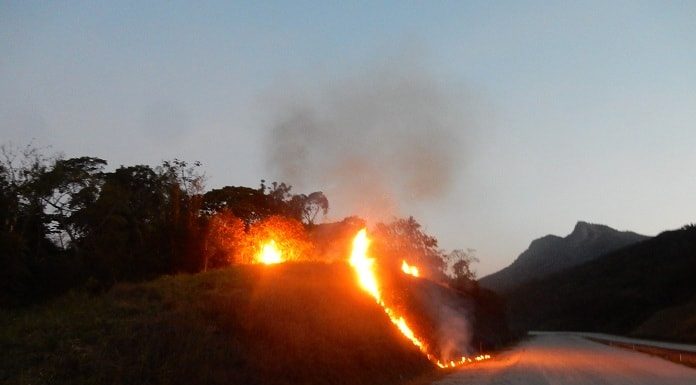 fogo em pequeno barranco ao lado de estrada de terra