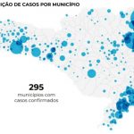 mapa de sc com círculos sobre os municípios com tamanhos de acordo com a quantidade de casos