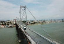 foto aérea da ponte hercílio luz com ônibus passando e continente ao fundo