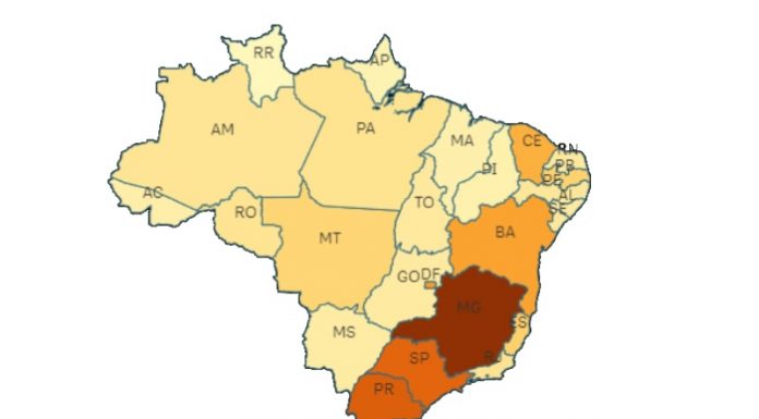 mapa do brasil divido por estado com escala de cor conforme maior quantidade de casos - sc é o mais escuro - estado teve 80 mortes registradas em um dia