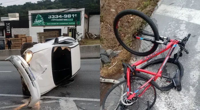 Carro capotou e atingiu ciclista de 49 anos